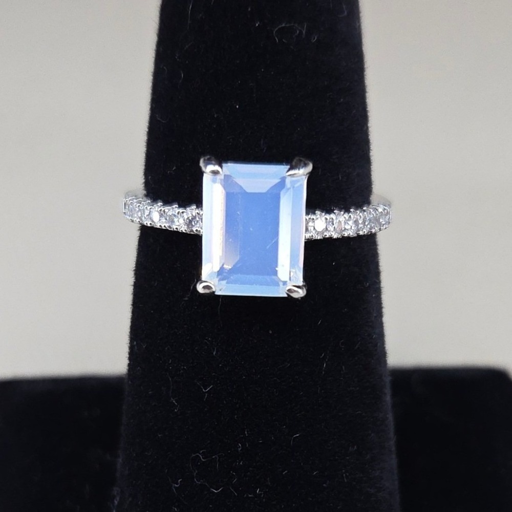 Emerald Cut Opalite Ring Silver Tone Pave Band Size 7.5 FJ Statement Ring